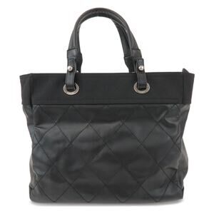 Chanel Paris Biarritz MM Leather Canvas Tote Black